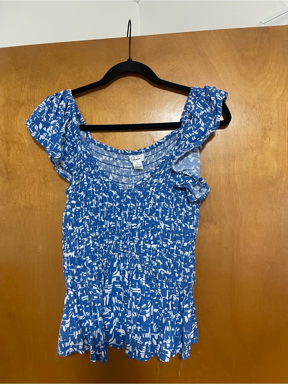Japna Blue and White Smocked Ruffle Sleeve Tunic Top